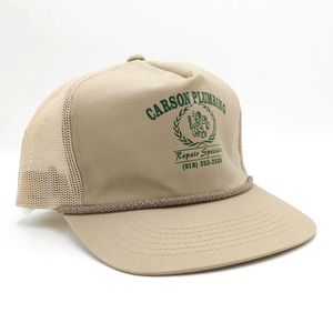 Carson Plumbing Snapback Trucker Hat Mesh Cap Vintage 90s Tulsa OK Beige Khaki